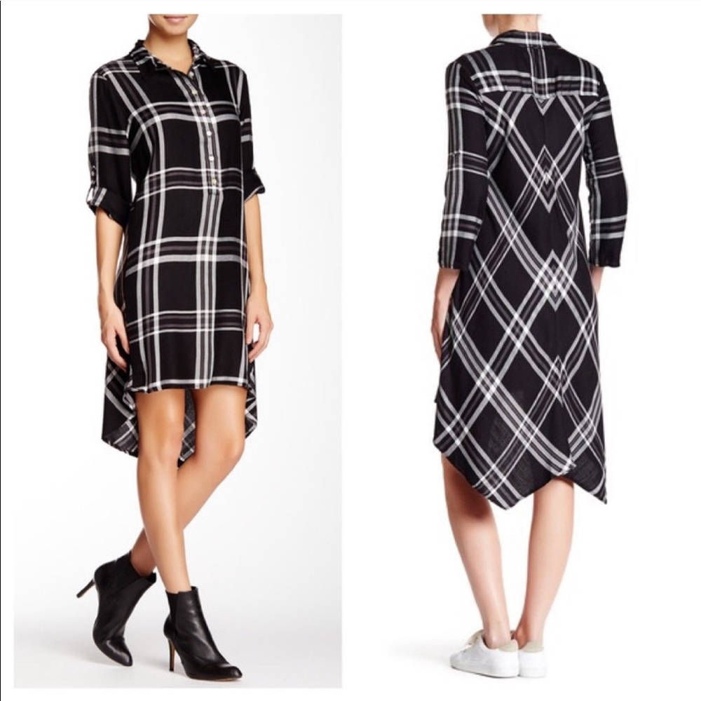 NWT Max Studio Woven Plaid Button Down Shirt Dress Black S